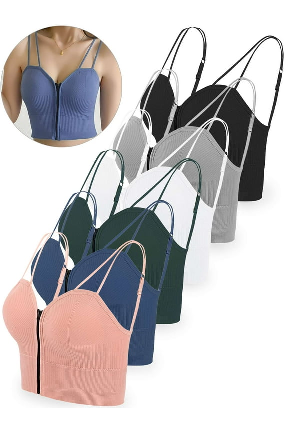 Women Summer Crop Tank Tops Spaghetti Strap Cami Shirts Sleeveless Front Zip Padded Camisole Sexy V Neck Clubwear Blouses "White"