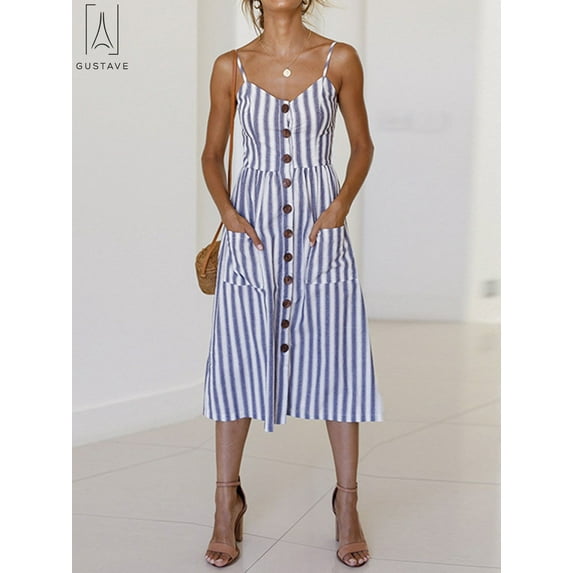 Gustave Women Summer Midi Dresses Sleeveless Button Down V-Neck Floral Boho Sundress Spaghetti Strap Swing Casual Beach Dress with Pockets "Blue Strip, S"