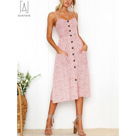 Gustave Women Summer Midi Dresses Sleeveless Button Down V-Neck Floral Boho Sundress Spaghetti Strap Swing Casual Beach Dress with Pockets "Pink Flowers, 2XL"