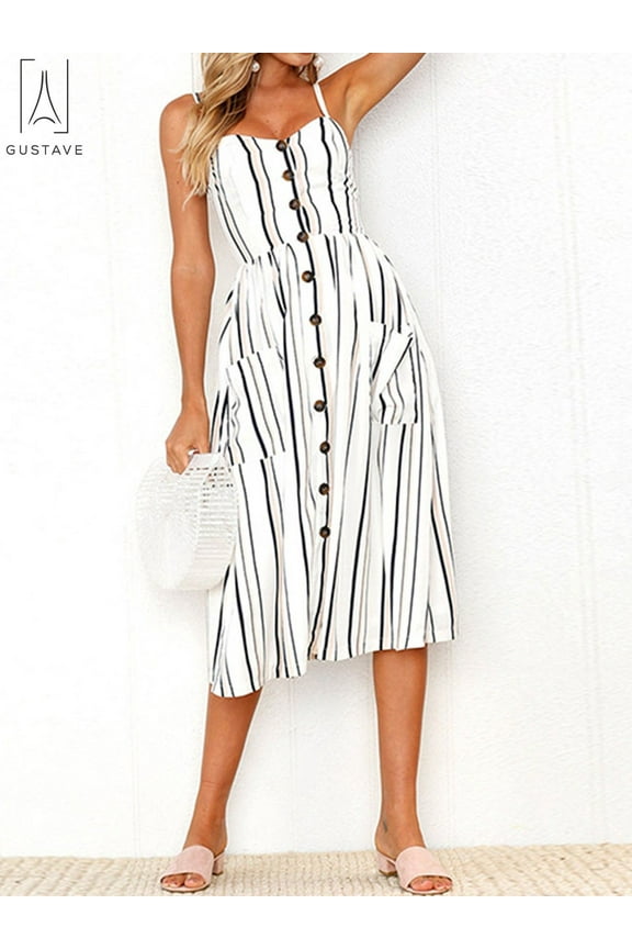 Women Summer Midi Dresses Sleeveless Button Down V-Neck Floral Boho Sundress Spaghetti Strap Swing Casual Beach Dress with Pockets "White Strip, S"
