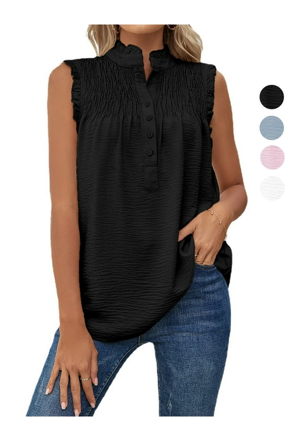 Women Summer Mock Neck Tank Tops Casual Ruffle Sleeveless Shirts Chiffon Button Up Blouses Loose Fit Dressy Tunic Tops "Black, L"