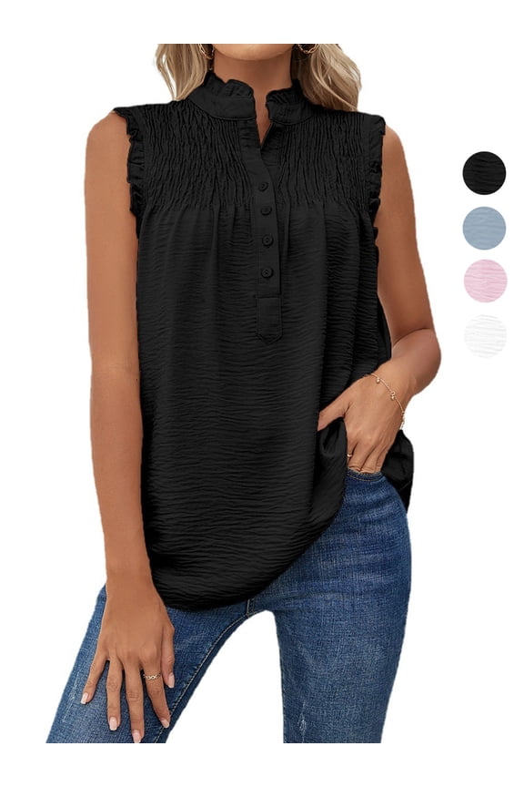 Women Summer Mock Neck Tank Tops Casual Ruffle Sleeveless Shirts Chiffon Button Up Blouses Loose Fit Dressy Tunic Tops "Black, XL"