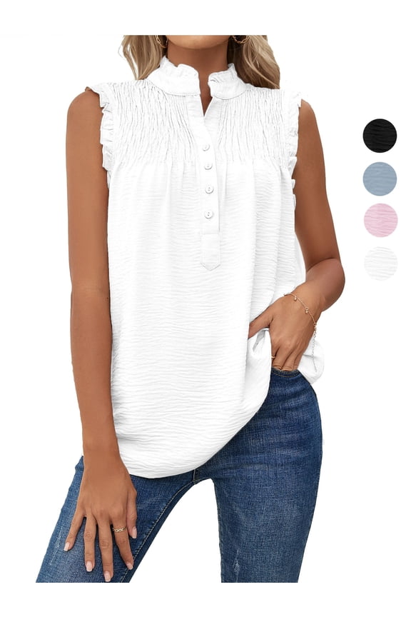 Women Summer Mock Neck Tank Tops Casual Ruffle Sleeveless Shirts Chiffon Button Up Blouses Loose Fit Dressy Tunic Tops "White, XL"