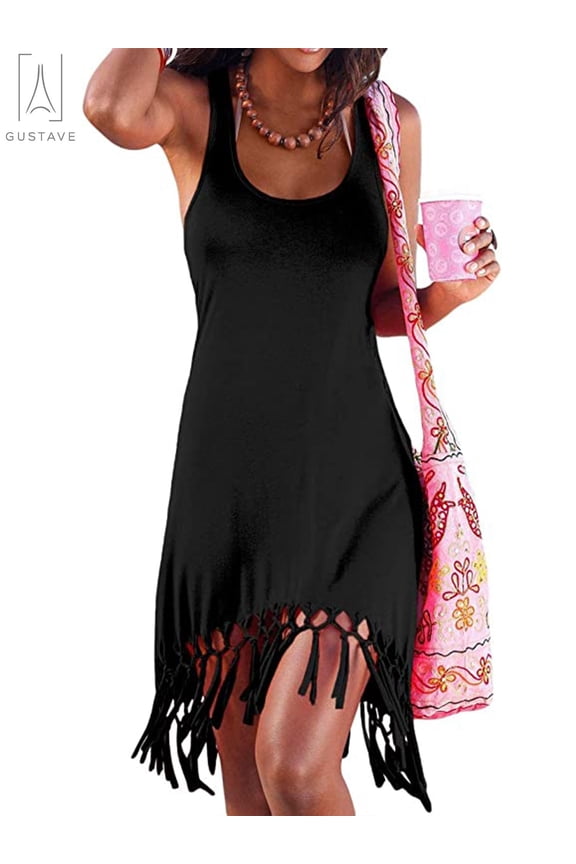 Women Summer Sleeveless Dresses with Tassels Tank Top Tunic Dress Casual Mini Sundress Beach Cover Up "Black, M"