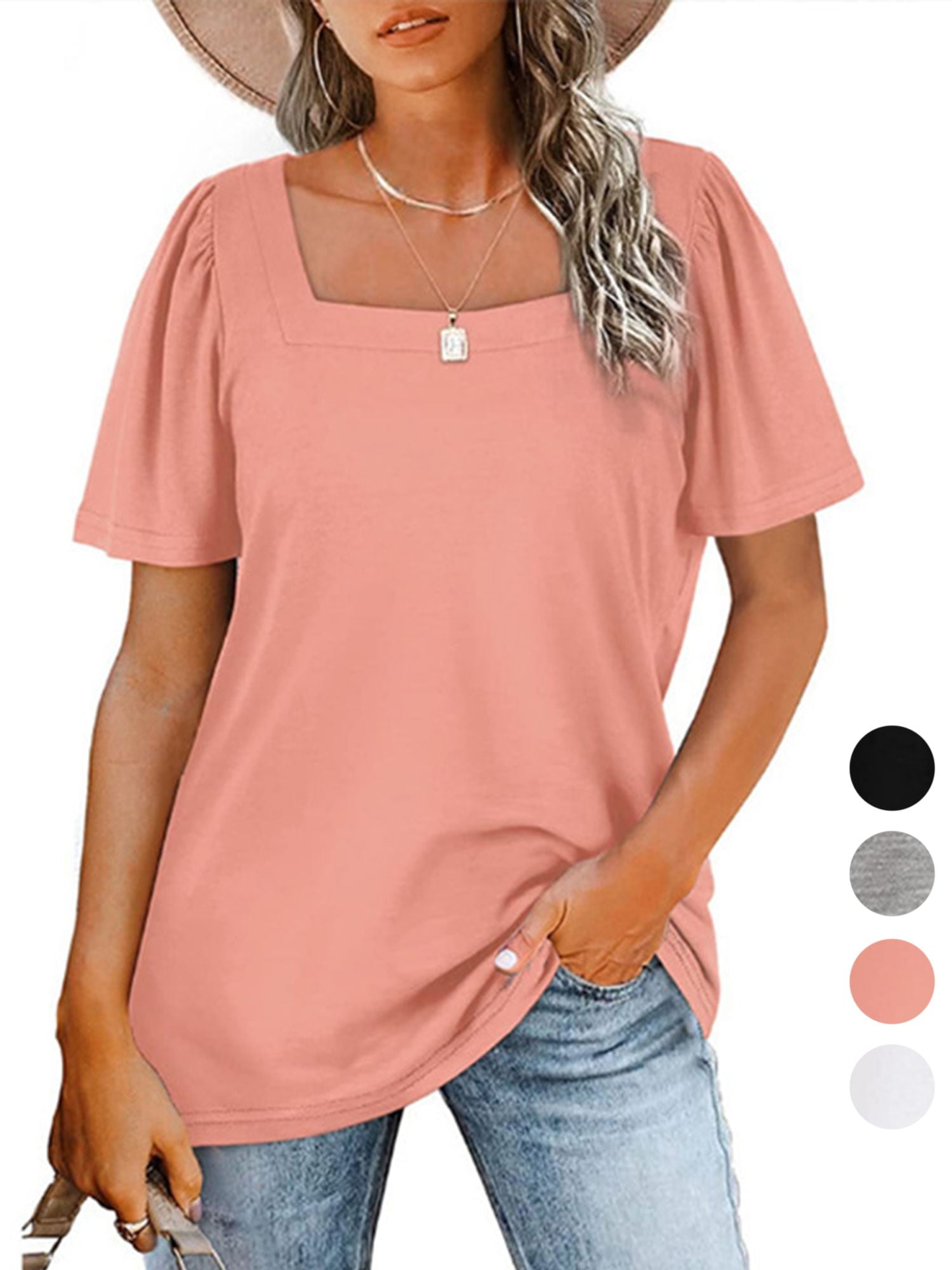 Gustave Women Summer Square Neck Tops Puff Short Sleeve T Shirts Casual ...