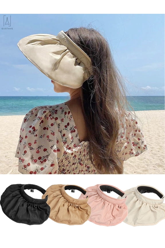 Women Sun Visor Hats Headband Wide Brim Cap Roll Up UV Sun Protection Hiking Beach Summer Hat Dual Purpose, Beige