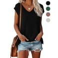 thumbnail image 1 of Gustave Women V Neck Cap Sleeve T-Shirts Summer Casual Tops Fashion Solid Blouse Basic Tees Loose Fit "Black, 2XL", 1 of 5