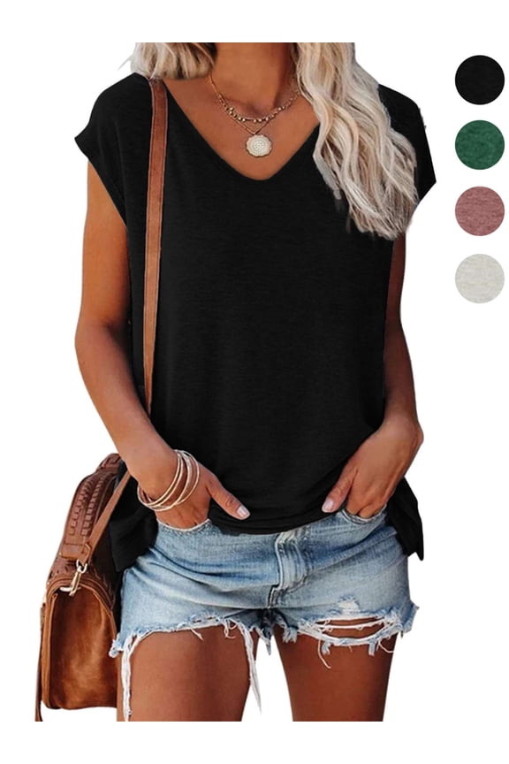 Women V Neck Cap Sleeve T-Shirts Summer Casual Tops Fashion Solid Blouse Basic Tees Loose Fit "Black, L"