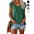 thumbnail image 1 of Gustave Women V Neck Cap Sleeve T-Shirts Summer Casual Tops Fashion Solid Blouse Basic Tees Loose Fit "Green, L", 1 of 5