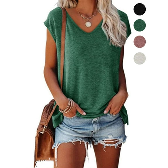 Gustave Women V Neck Cap Sleeve T-Shirts Summer Casual Tops Fashion Solid Blouse Basic Tees Loose Fit "Green, XL"