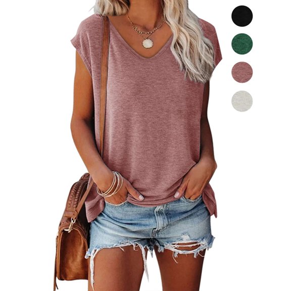 Gustave Women V Neck Cap Sleeve T-Shirts Summer Casual Tops Fashion Solid Blouse Basic Tees Loose Fit "Pink, XL"