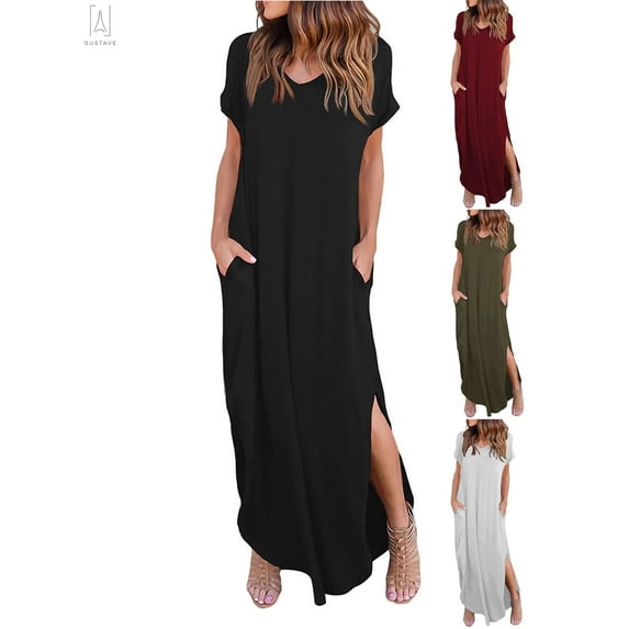 Gustave Women V Neck Casual Long Dress Short Sleeve Split Loose Maxi Dress Summer Beach Holiday Dress with Pocket "Black, S"