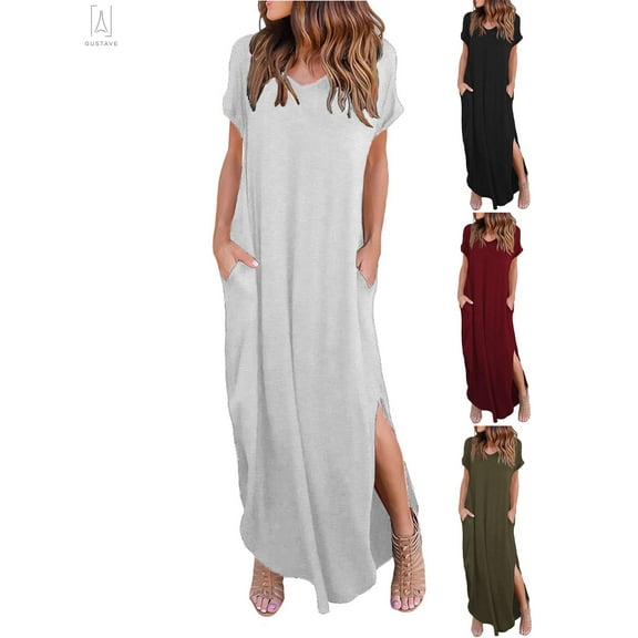 Gustave Women V Neck Casual Long Dress Short Sleeve Split Loose Maxi Dress Summer Beach Holiday Dress with Pocket "Gray, L"