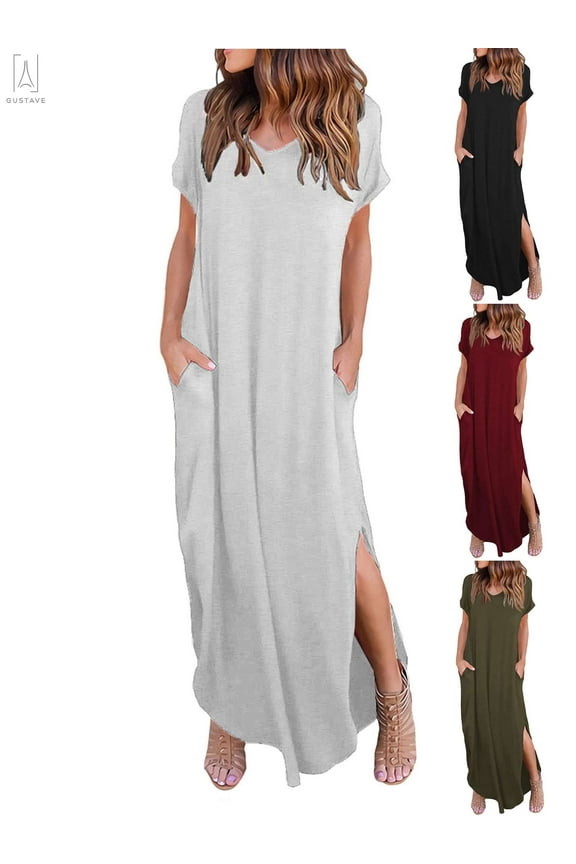 Women V Neck Casual Long Dress Short Sleeve Split Loose Maxi Dress Summer Beach Holiday Dress with Pocket "Gray, XL"