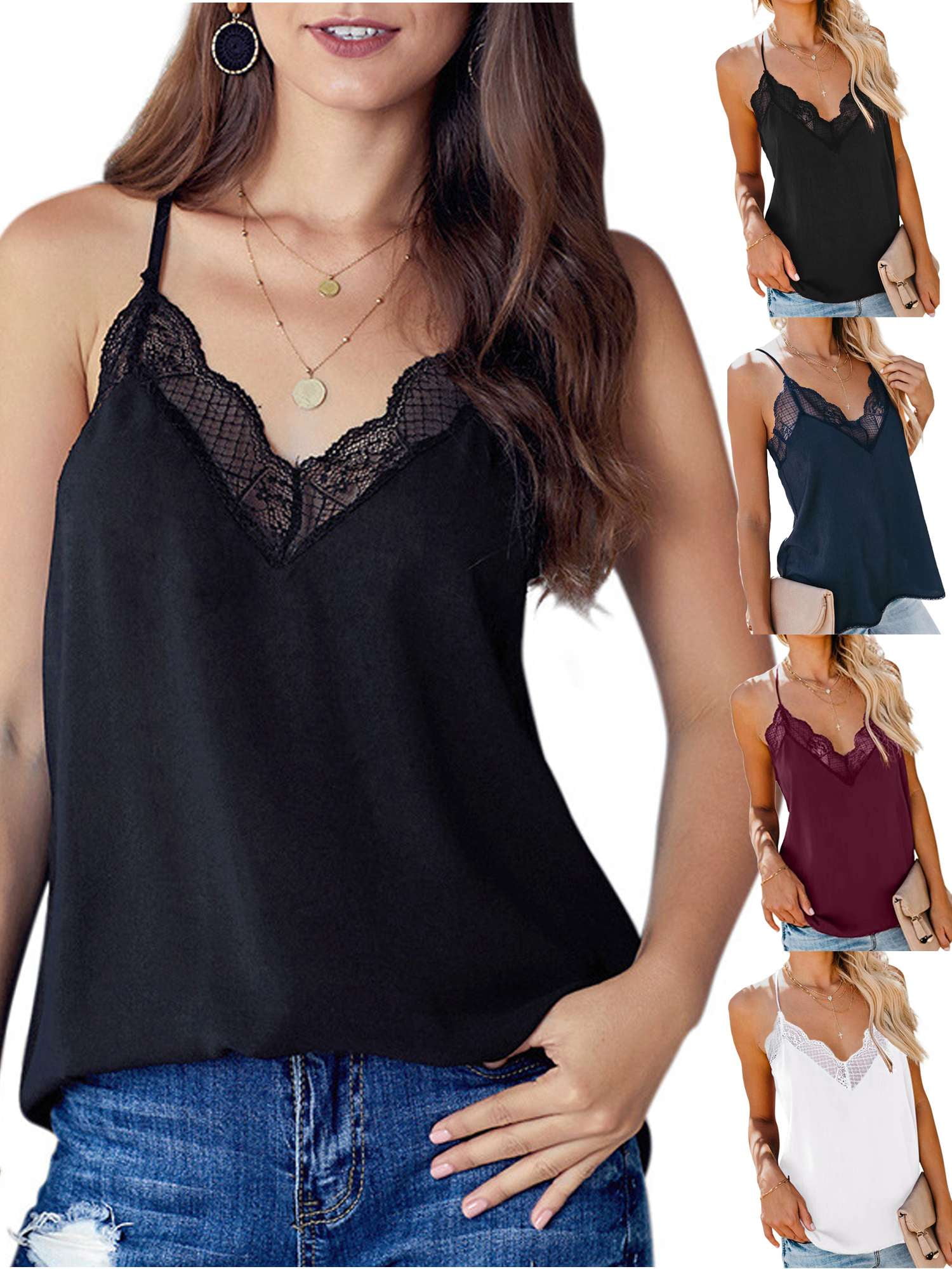 Gustave Women V Neck Lace Trim Cami Tops Spaghetti Strap