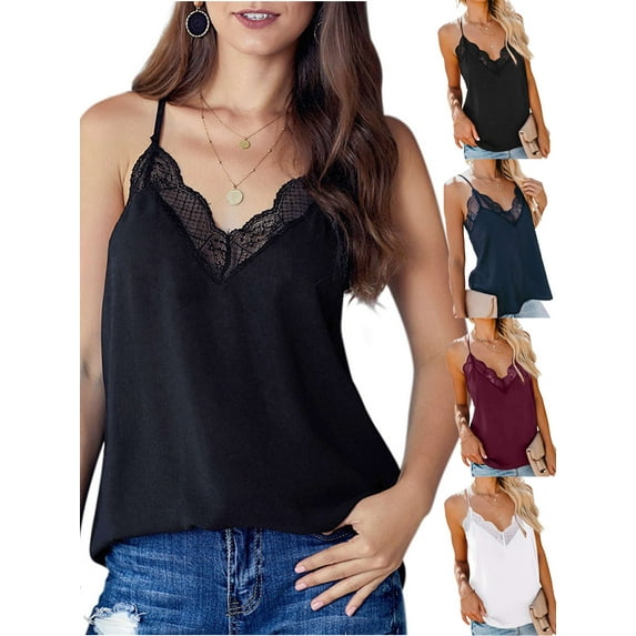 Gustave Women V Neck Lace Trim Cami Tops Spaghetti Strap Camisole Sexy Fashion Tank Tops Loose Sleeveless Shirts "Black, S"