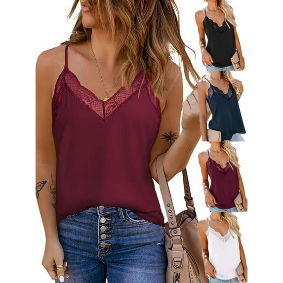 Gustave Women V Neck Lace Trim Cami Tops Spaghetti Strap Camisole Sexy Fashion Tank Tops Loose Sleeveless Shirts "Wine Red, M"