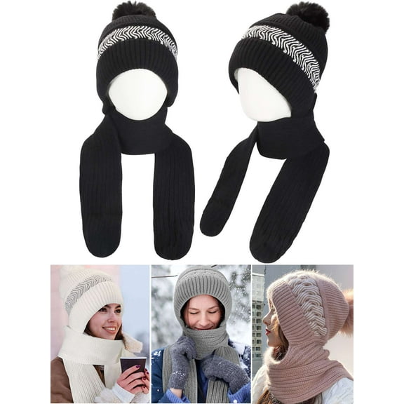 Gustave Women Winter Beanie Hat Scarf Set Knitted Fleece Lined Pompom Hats Skull Cap Warm Thick 2 in 1 Windproof Slouchy Beanie and Scarf Neck Warmer "Black"