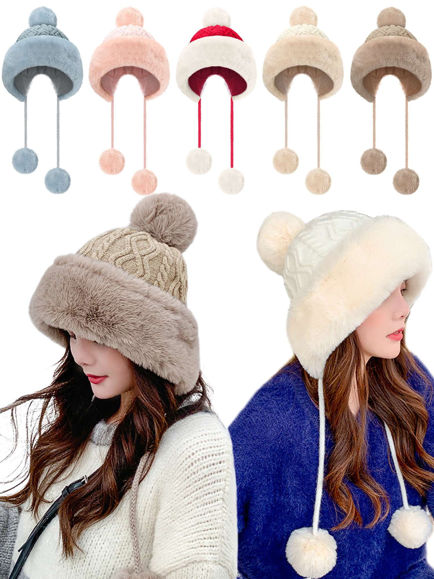 Gustave Women Winter Beanie Hats Fluffy Knit Faux Fur Pom