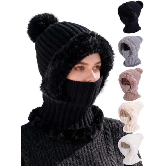 Gustave Women's 3 in 1 Beanie Hat with Scarf and Mask, Winter Warm Fleece Lined Knitted Hat with Faux Fur Pompom Ski Balaclava Scarf and Mask Set for Cold Weather - Black