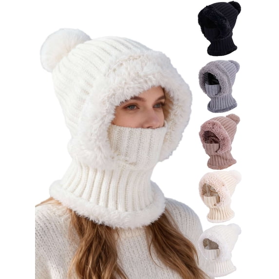 Gustave Women's 3 in 1 Beanie Hat with Scarf and Mask, Winter Warm Fleece Lined Knitted Hat with Faux Fur Pompom Ski Balaclava Scarf and Mask Set for Cold Weather - White