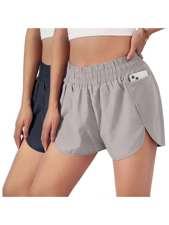 Women's Athletic Running Shorts with Zip Pockets Workout Sport Layer Active Shorts Elastic Quick-Dry Shorts Pants (L,Gray)
