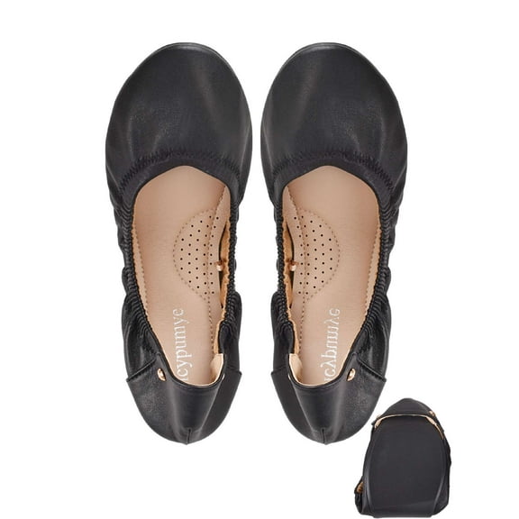 Gustave Women's Ballet Flats Shoes PU Leather Foldable Round Toe Slip On Flats Soft Comfortable Portable Travel Casual Dress Shoes, Black, Size 9