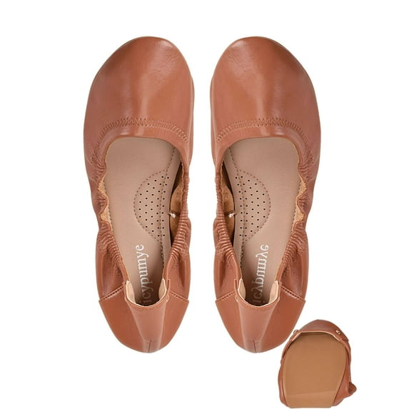 Gustave Women's Ballet Flats Shoes PU Leather Foldable Round Toe Slip On Flats Soft Comfortable Portable Travel Casual Dress Shoes, Brown, Size 6
