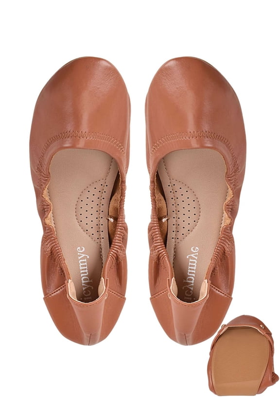 Women's Ballet Flats Shoes PU Leather Foldable Round Toe Slip On Flats Soft Comfortable Portable Travel Casual Dress Shoes, Brown, Size 8
