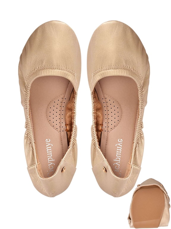 Women's Ballet Flats Shoes PU Leather Foldable Round Toe Slip On Flats Soft Comfortable Portable Travel Casual Dress Shoes, Gold, Size 9