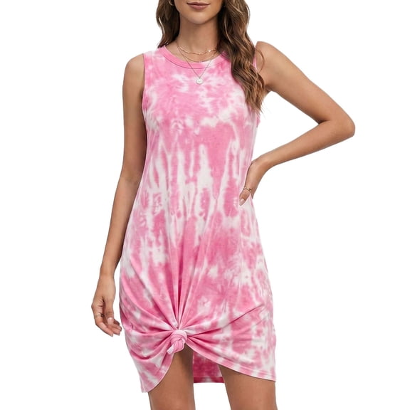 Gustave Women's Casual Tie Dye Short Dress Crewneck Sleeveless Midi Dresses Summer Loose T Shirt Tank Beach Sundress "Pink, XL"