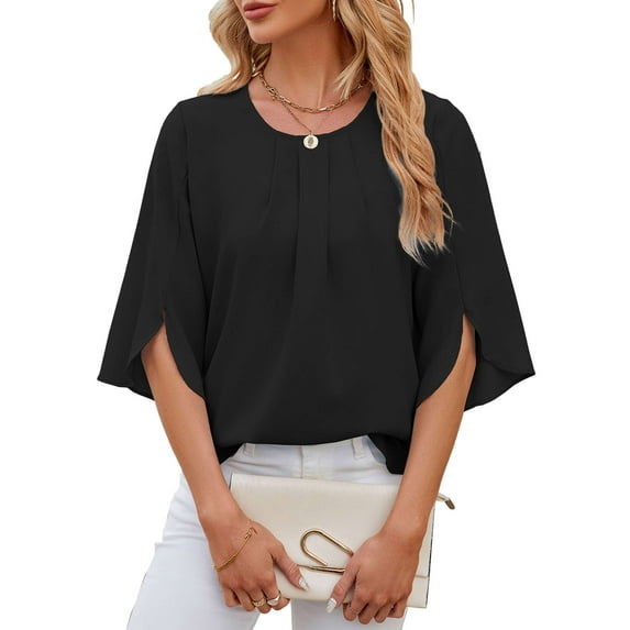 Gustave Women's Chiffon Blouses Summer Dressy Casual Tops 3/4 Ruffled Sleeve Pleated Scoop Neck Tunic Shirts Loose Fit - Black, 2XL