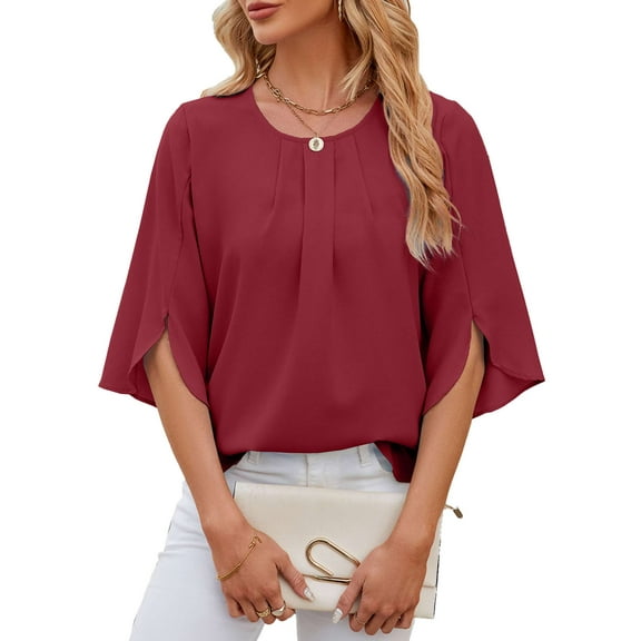 Gustave Women's Chiffon Blouses Summer Dressy Casual Tops 3/4 Ruffled Sleeve Pleated Scoop Neck Tunic Shirts Loose Fit - Red, M