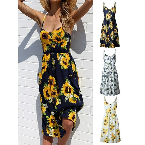Gustave Women's Summer Bohemian Dresses Spaghetti Strap Button Down V Neck Midi Dress Casual Beach Swing Sleeveless Sundress with Pockets "M, Navy Blue"