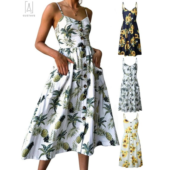 Gustave Women's Dress Casual Spaghetti Strap Button Down Dress Summer Floral Bohemian Swing Midi Dress with Pockets Beach Sundress "XL, White"