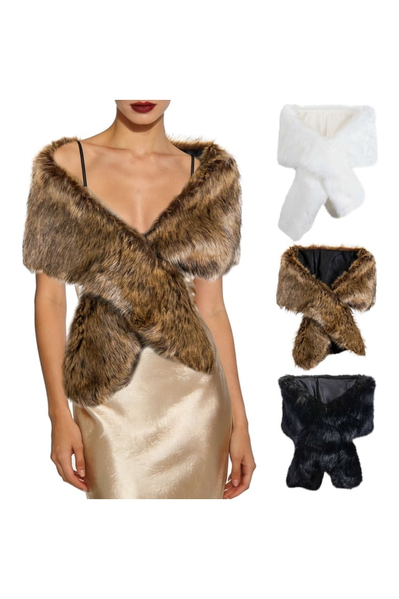 Women's Faux Fur Collar Shawl Wraps Cross Front Scarf Shrug Stole Winter Elegant Dress Cover Up Coat Shawls for Bridal Wedding Evening Party - Brown