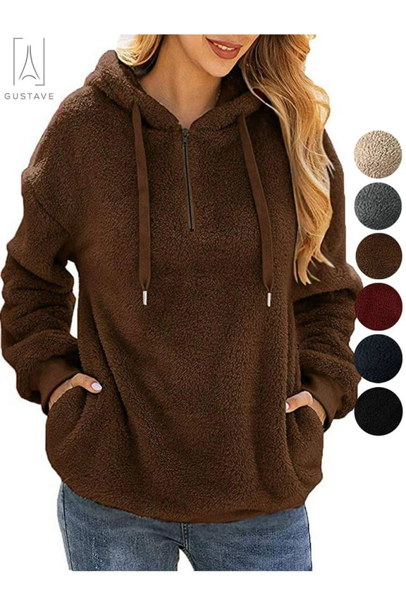 Women's Fleece Long Sleeve Pullover Hoodies with 1/4 Zip Up Sweatshirt Jumper Warm Sweaters (Brown, XL)
