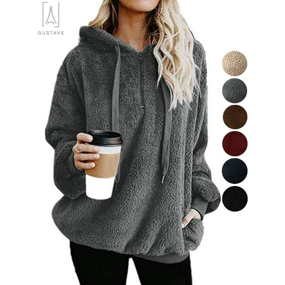 Gustave Women's Fleece Long Sleeve Pullover Hoodies with 1/4 Zip Up Sweatshirt Jumper Warm Sweaters (Gray, 2XL)