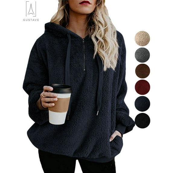 Gustave Women's Fleece Long Sleeve Pullover Hoodies with 1/4 Zip Up Sweatshirt Jumper Warm Sweaters (Navy Blue, L)