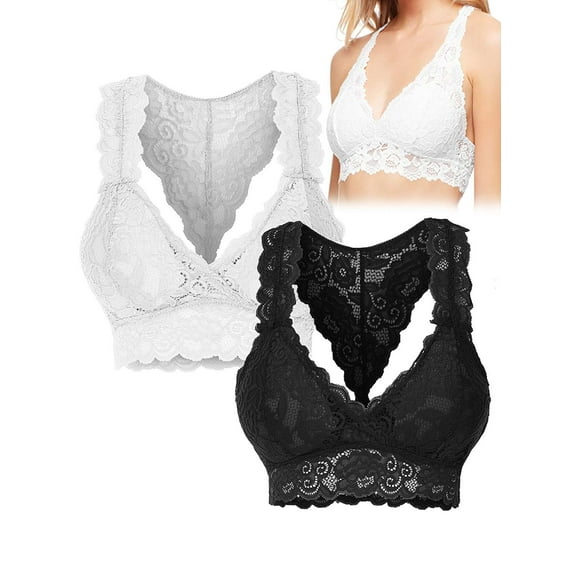 Gustave Women's Floral Lace Bralette Unpadded Deep V Bra Sexy Racerback Wire Free Bra Lingerie Crop Top "White, L/XL"