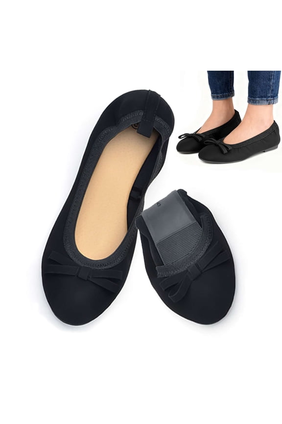 Women's Foldable Ballet Flats with Bow, Comfortable PU Leather Round Toe Slip On Dress Shoes for Casual Work Travel (Black, Size 9)