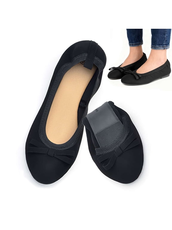 Women's Foldable Ballet Flats with Bow, Comfortable PU Leather Round Toe Slip On Dress Shoes for Casual Work Travel (Black, Size 9)
