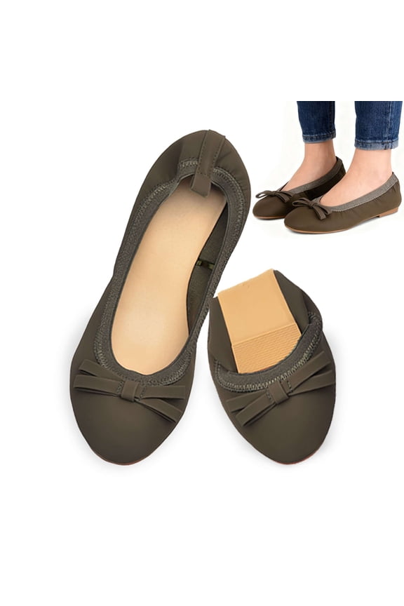 Women's Foldable Ballet Flats with Bow, Comfortable PU Leather Round Toe Slip On Dress Shoes for Casual Work Travel (Green, Size 9)