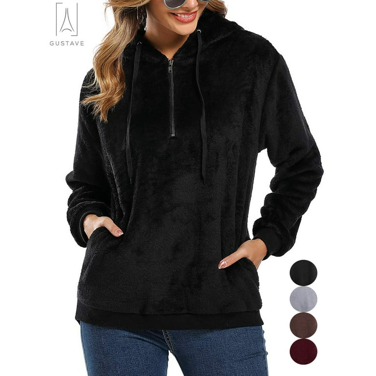 Gustave Women s Fuzzy Fleece Long Sleeve Pullover Hoodies with 1 4 Zip Up Sweatshirt Warm Oversized Outwear Coat Black L