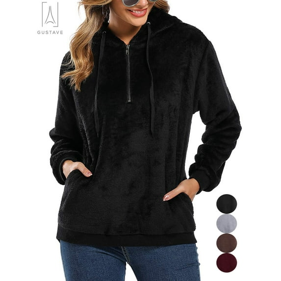 Gustave Women's Fuzzy Fleece Long Sleeve Pullover Hoodies with 1/4 Zip Up Sweatshirt Warm Oversized Outwear Coat(Black,L)