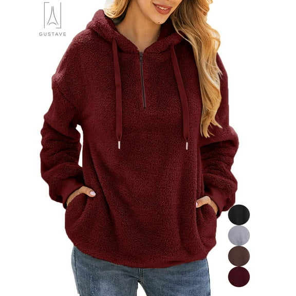 Gustave Women's Fuzzy Fleece Long Sleeve Pullover Hoodies with 1/4 Zip Up Sweatshirt Warm Oversized Outwear Coat(Red,2XL)
