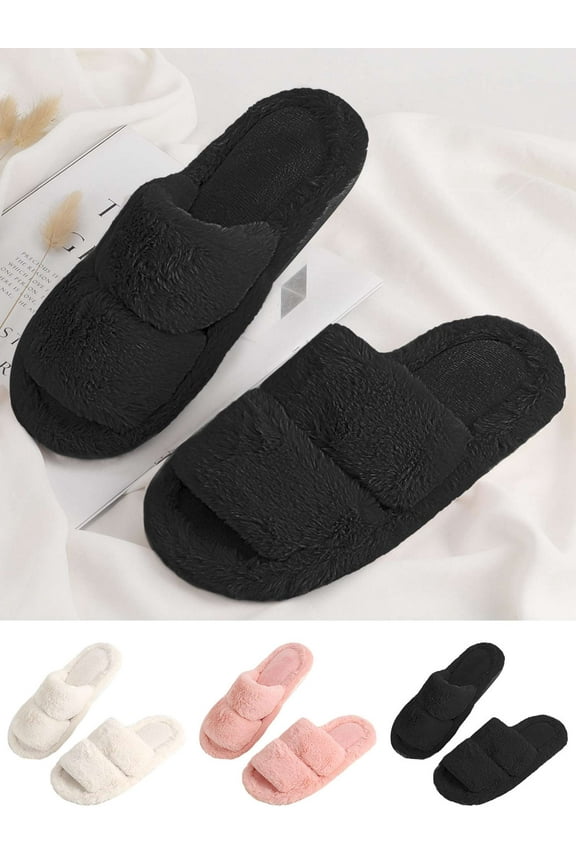 Women's Fuzzy Fluffy Slippers Open Toe Two Band Memory Foam Slipper Slides Non-Slip Comfy Faux Fur House Shoes for Indoor Outdoor - Black