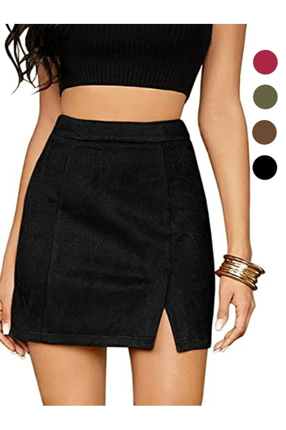Women's High Waist Bodycon Mini Pencil Skirt Ladies Fashion Split A-Line Short Skirt Faux Suede Leather - Black, L