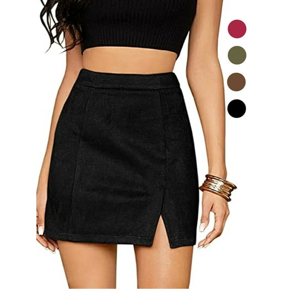 Gustave Women's High Waist Bodycon Mini Pencil Skirt Ladies Fashion Split A-Line Short Skirt Faux Suede Leather - Black, XL