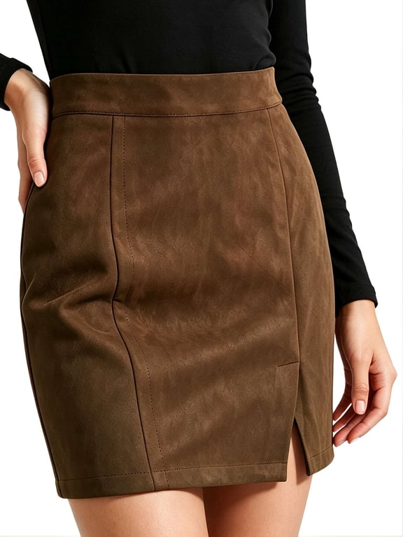 Women's High Waist Bodycon Mini Pencil Skirt Ladies Fashion Split A-Line Short Skirt Faux Suede Leather - Brown, M